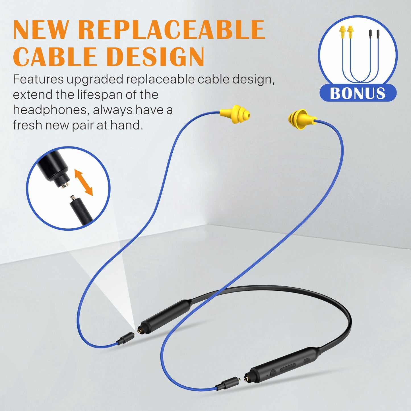 Earplug Work Headphones, Neckband Ear Protection Bluetooth earplugs Headphones with Replacement Buds