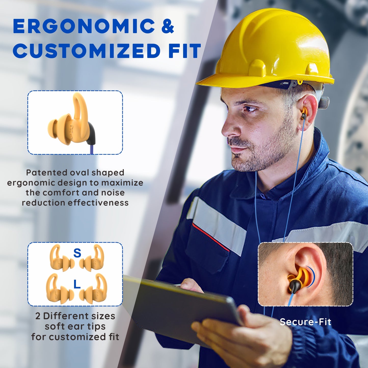 Ear Plug Headphones for Work, Mipeace Custom-fit Work Earbuds Earphones-Safety Headphones