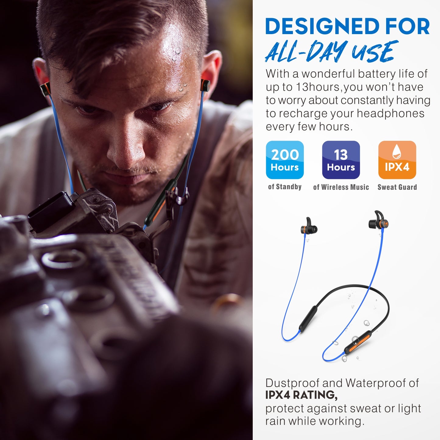 Bluetooth noise reduction headphones, Mipeace magnetic custom-fit safety wireless neckband headphones (13+ hours)