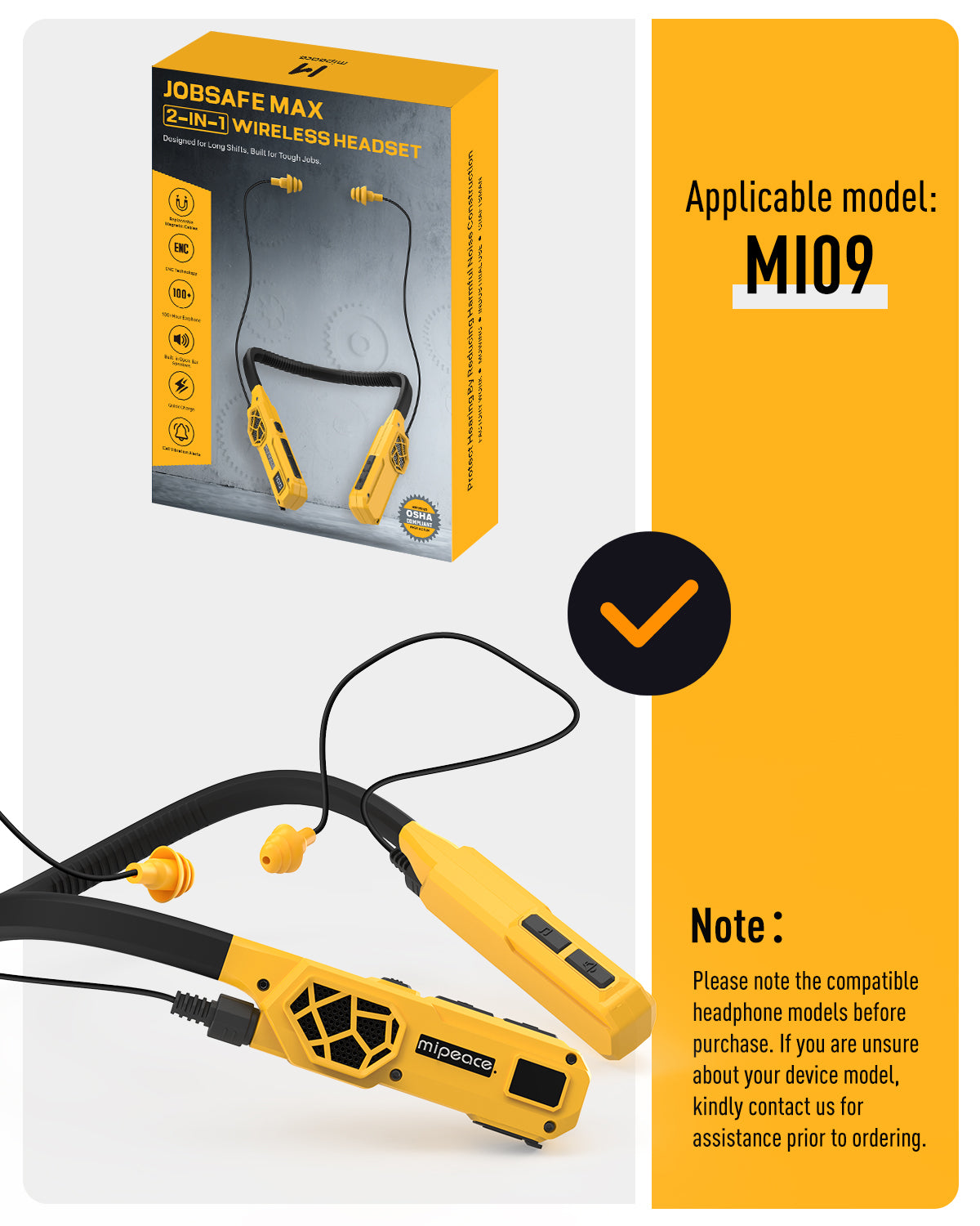 MIPEACE Replacement Earbud Cables for MI09 – 2 Pack, Compatible with MI09 Work Bluetooth Neckband Earplug Headphones